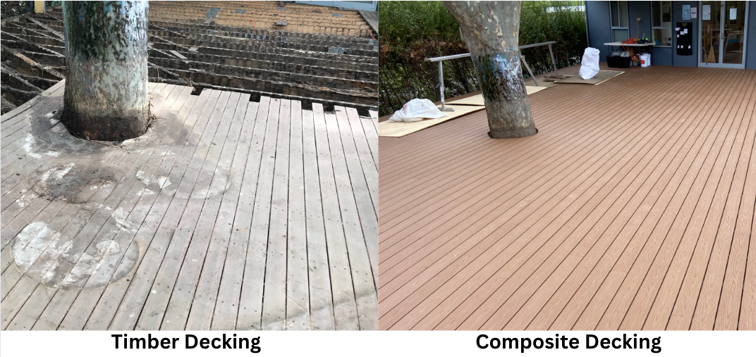 A before and after photos of timber decking being replaced with our composite product